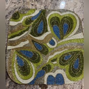 Set of 16 Noble Excellence Beaded Placemats & Napkin Rings Green Blue Paisley